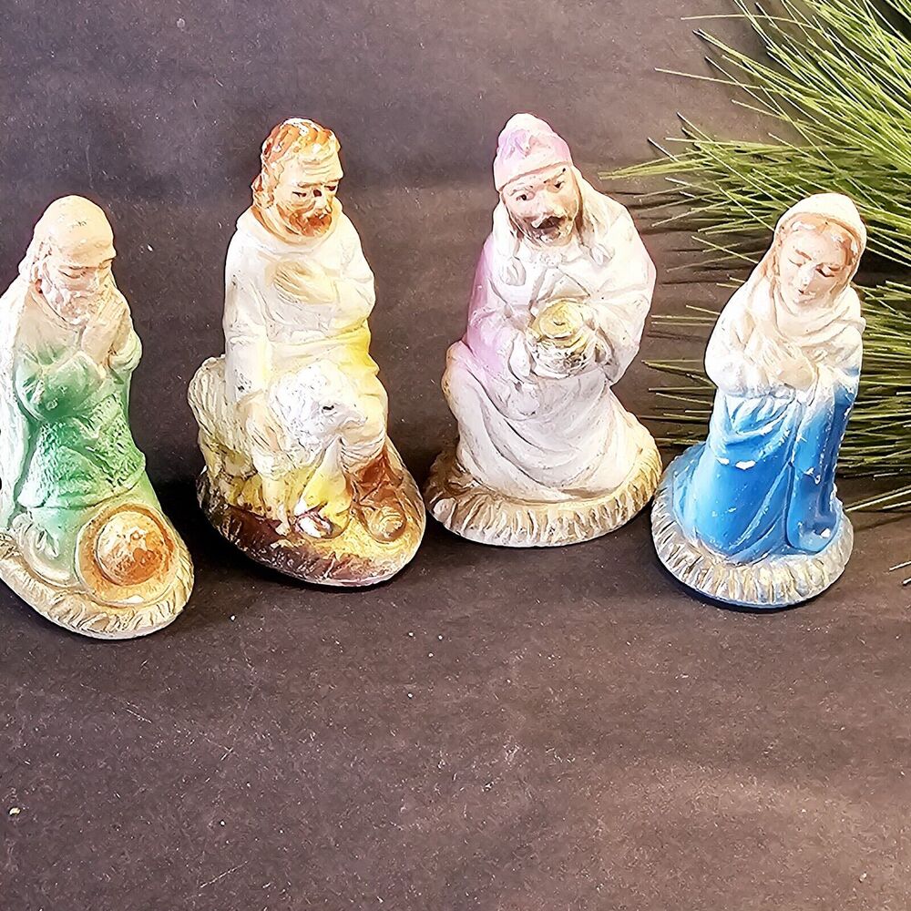 4 Vintage Chalkware Mary Shepherd Wisemen Christmas Nativity Manger 1950's
